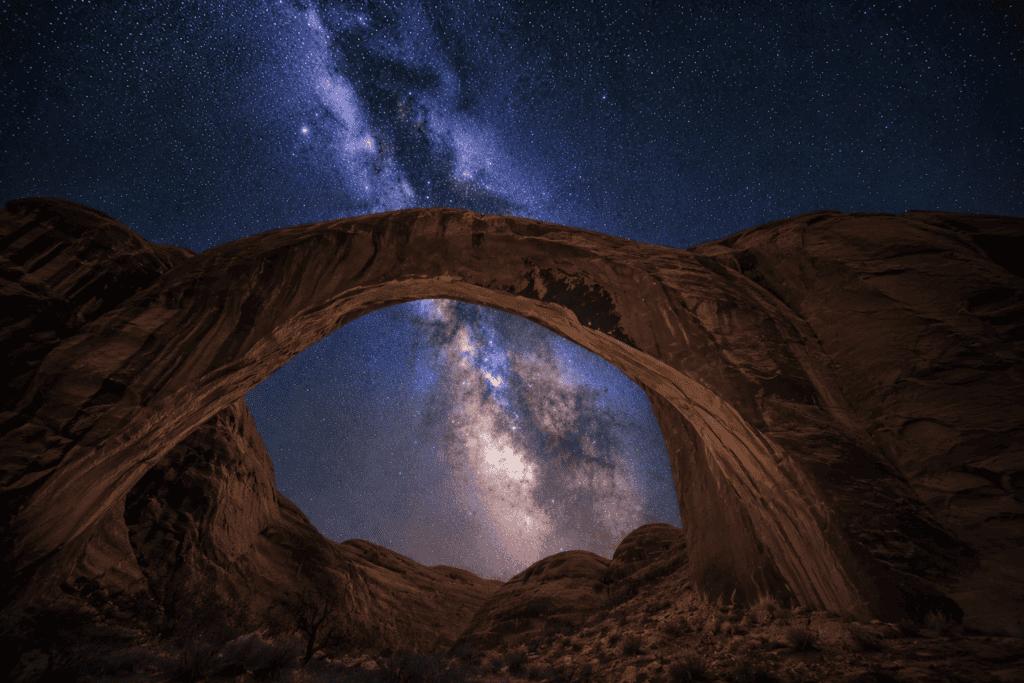 Milky Way framed by a sandstone arch in Utah