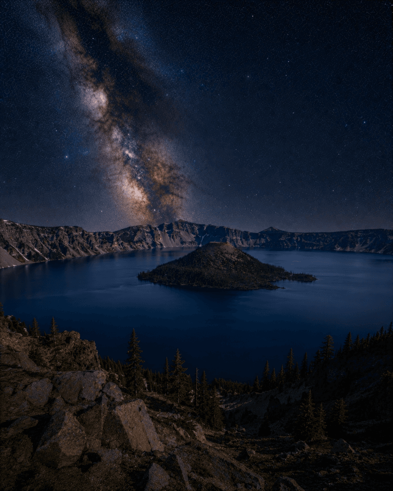 Crater Lake National Park beneath the Milky Way galaxy