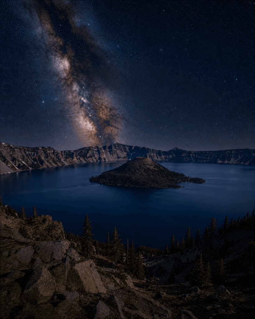 Crater Lake National Park beneath the Milky Way galaxy