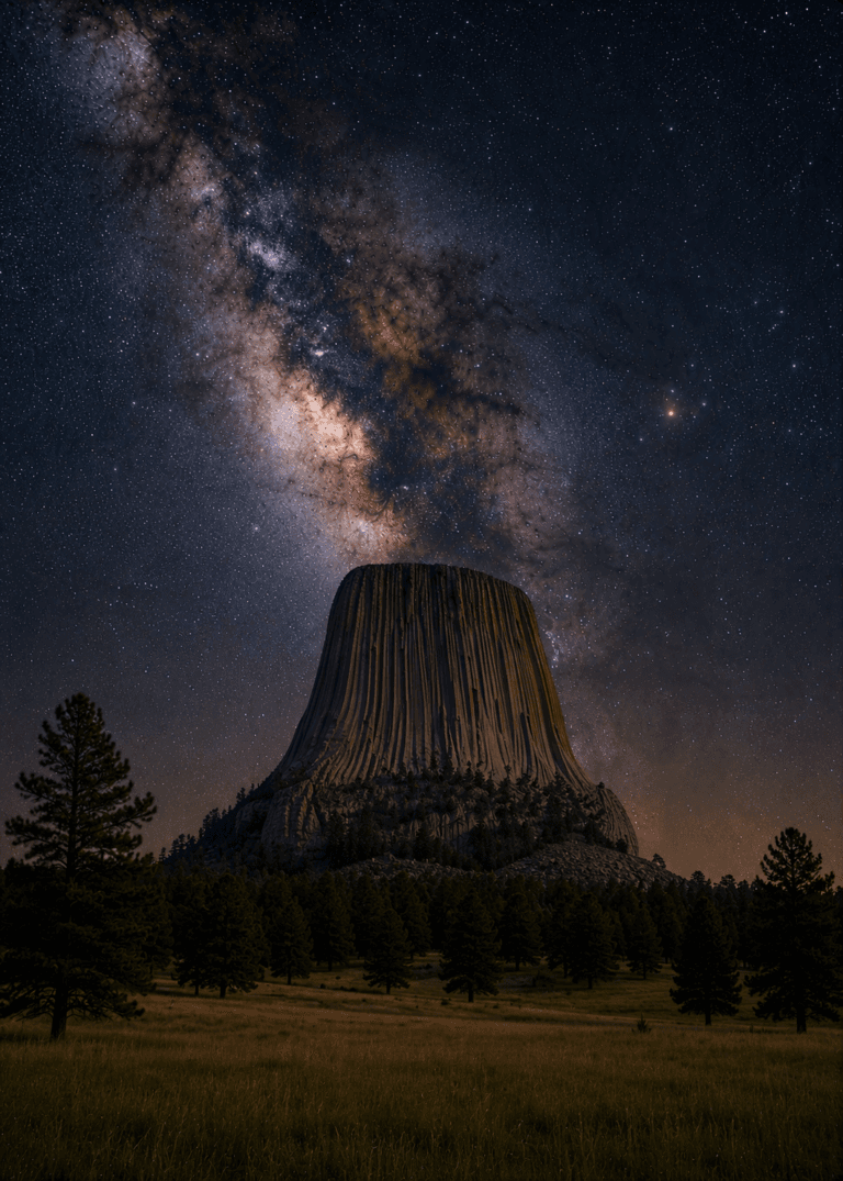 Devils Tower beneath the Milky Way galaxy