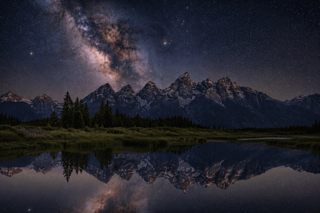 Milky Way reflected beneath Grand Teton peaks in Wyoming