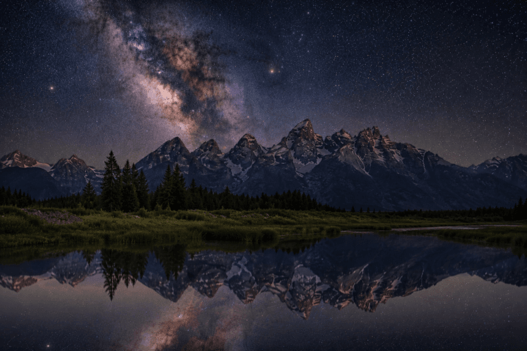 Milky Way reflected beneath Grand Teton peaks in Wyoming