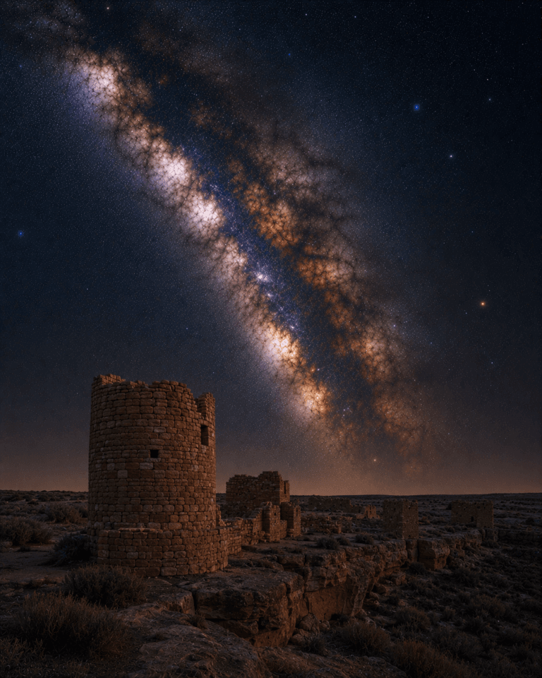 Hovenweep National Monument beneath the Milky Way galaxy