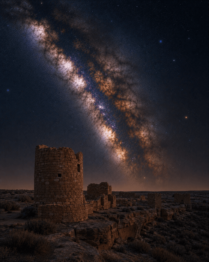 Hovenweep National Monument beneath the Milky Way galaxy