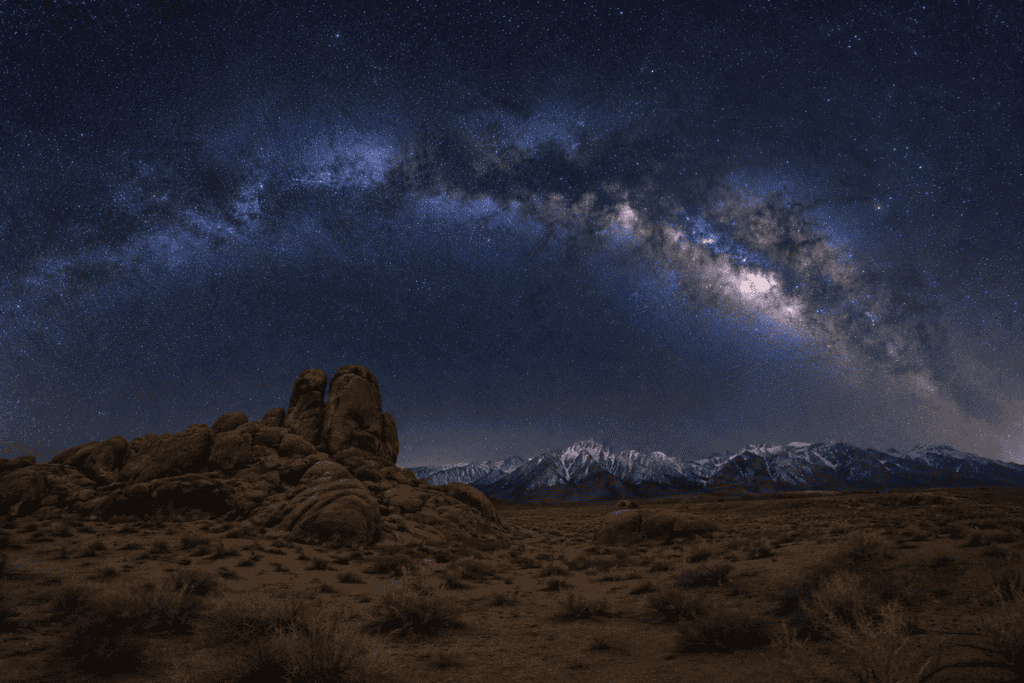 Milky Way rising above a dark sky landscape in the United States