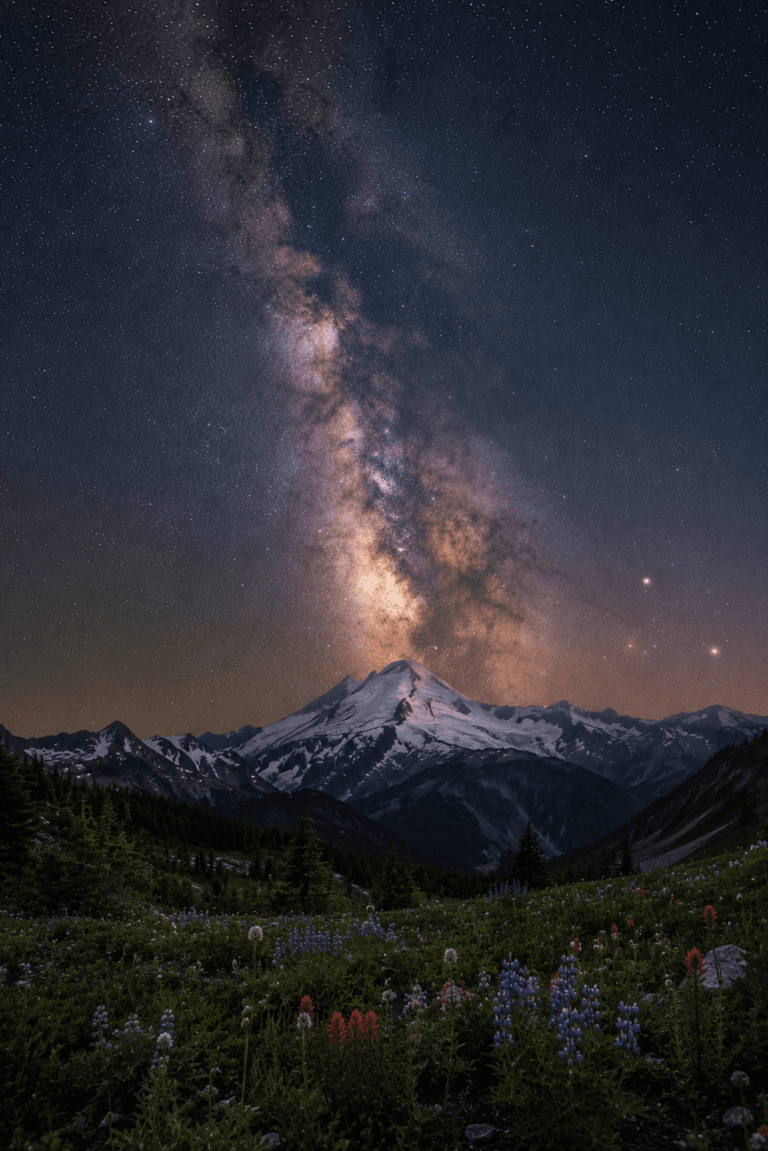 Milky Way above an alpine meadow in Washington