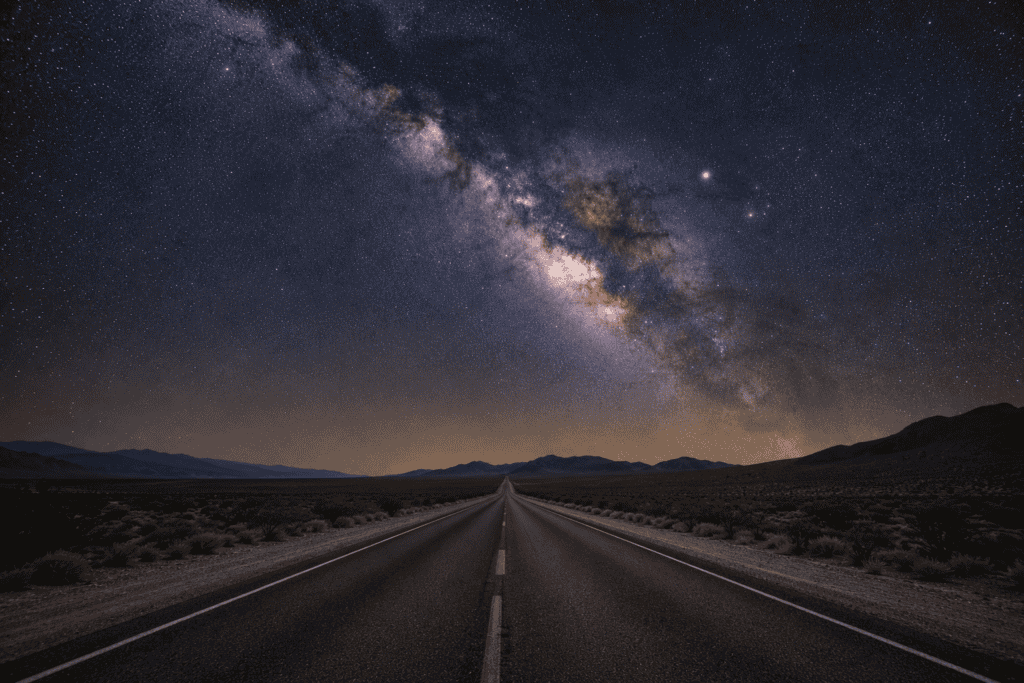 Empty Arizona desert road under the Milky Way