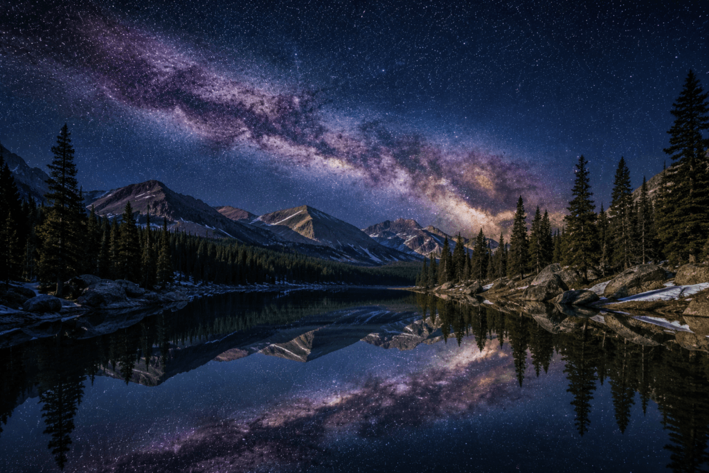 Milky Way reflected in an alpine lake in Colorado
