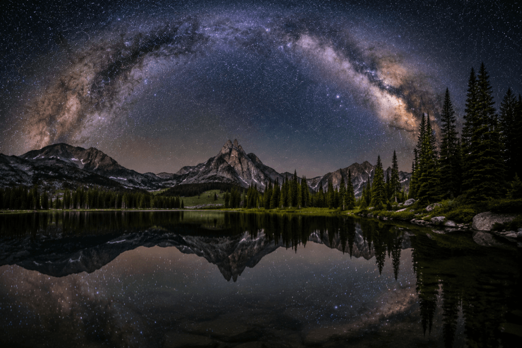 Milky Way reflected in a remote Idaho mountain lake