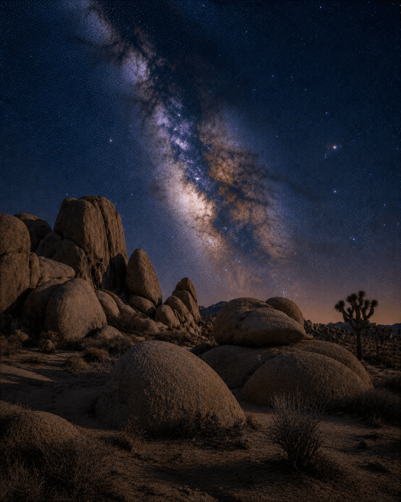 Jumbo Rocks beneath a star-filled sky