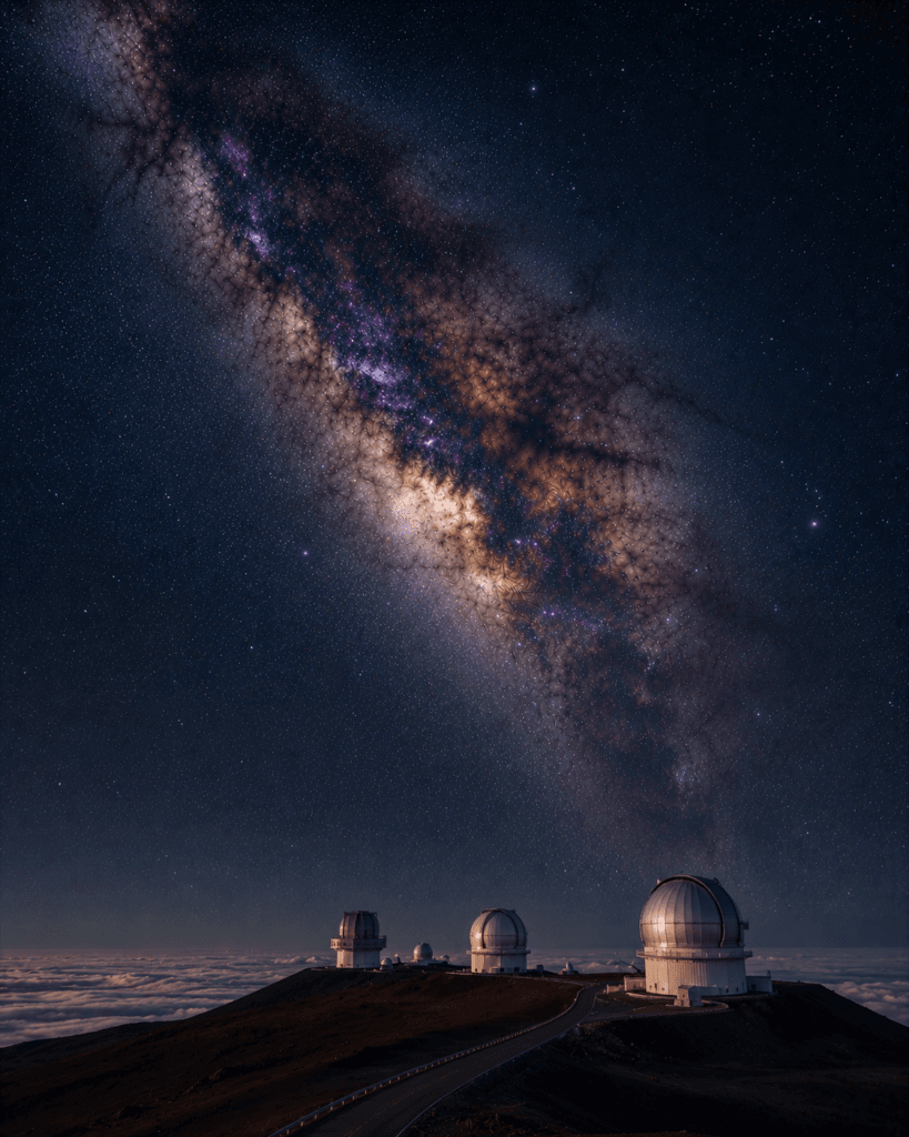 Mauna Kea observatories under a star-filled sky