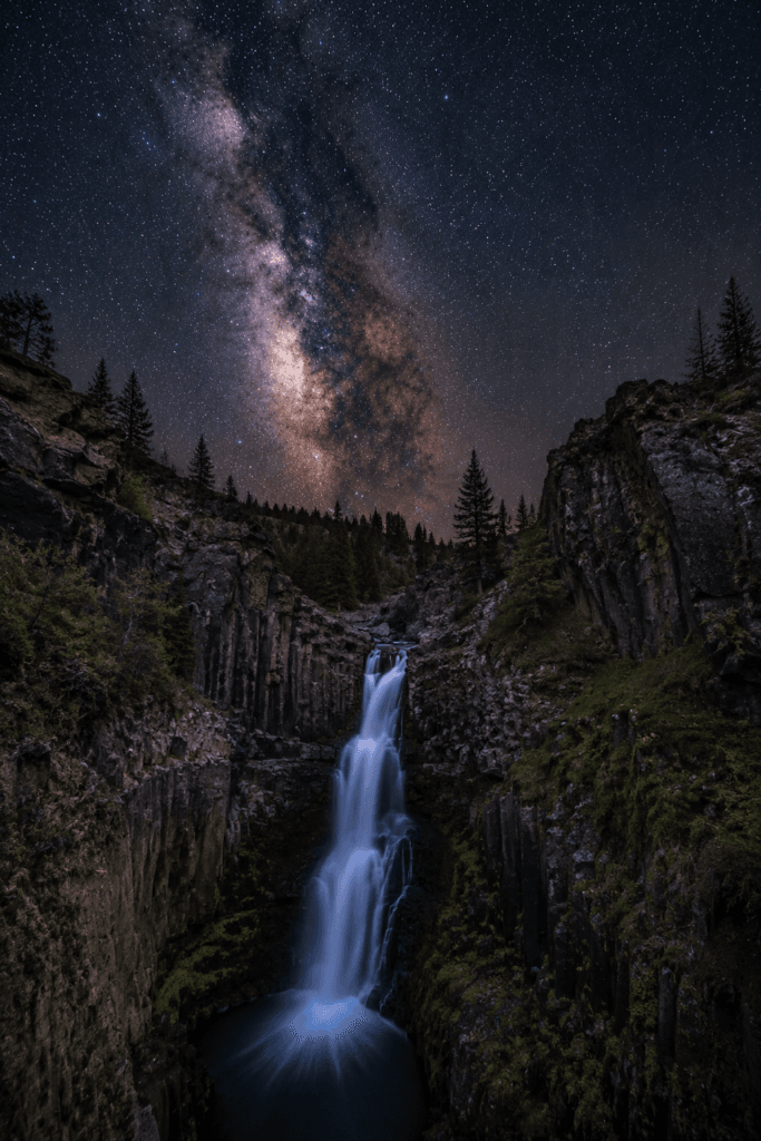 Milky Way above an Oregon waterfall at night