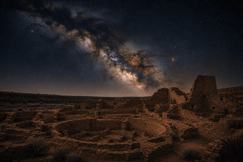 Pueblo Bonito under a star-filled sky