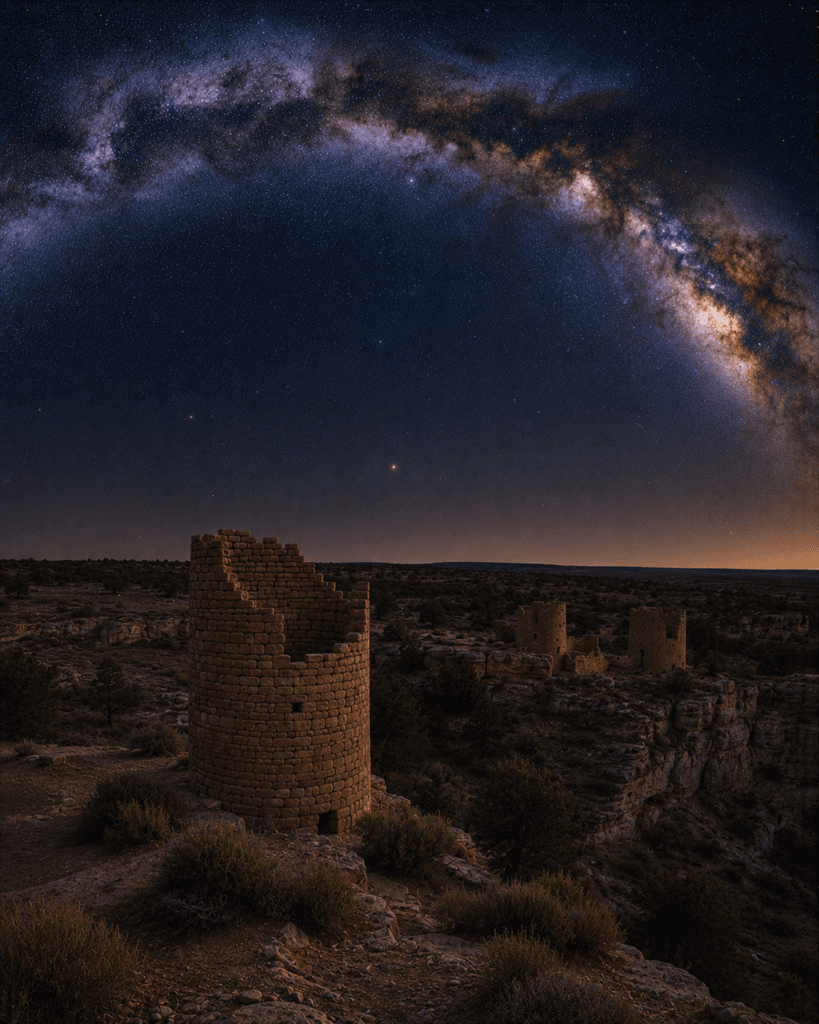 Square Tower Group beneath a star-filled sky