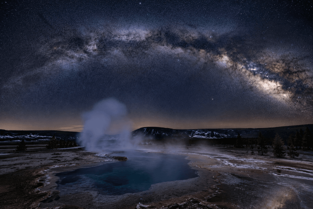 Milky Way above a geothermal basin in Yellowstone