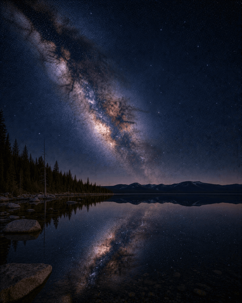 Yellowstone Lake under a star-filled sky