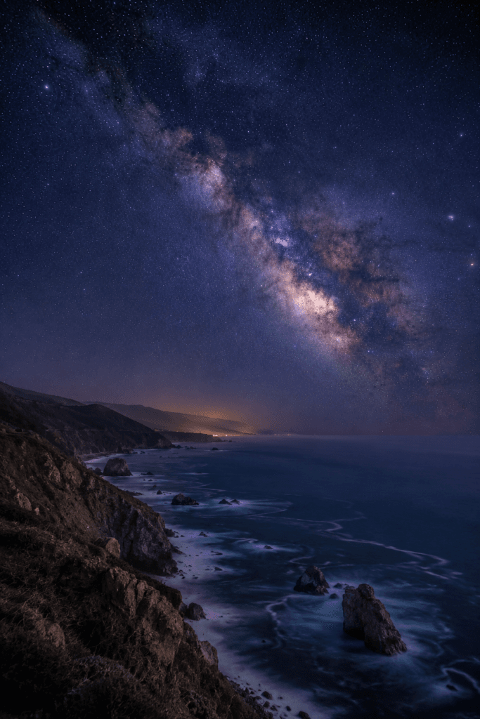 Milky Way above California Pacific coastline at night