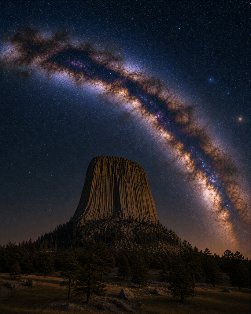 Astrophotography scene at Devils Tower National Monument