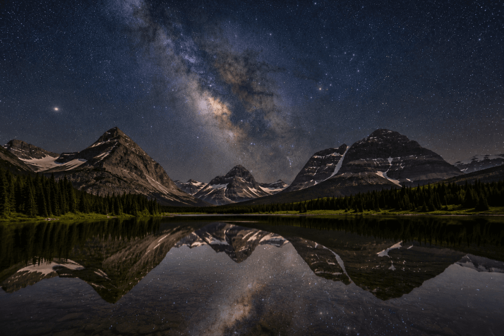Milky Way reflected in a glacial lake in Montana