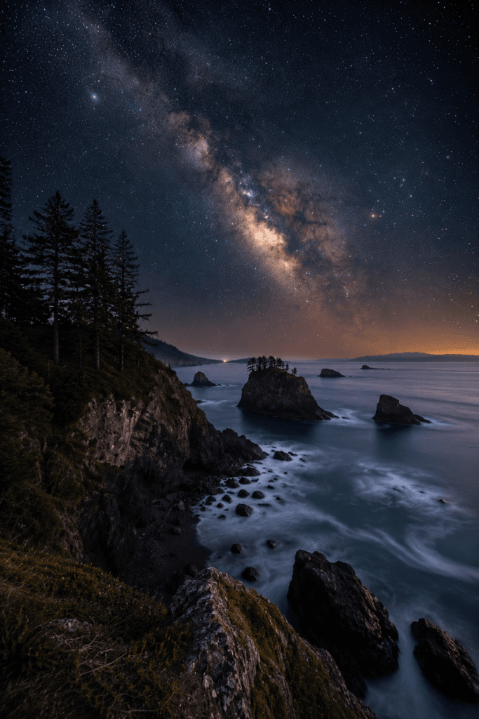 Milky Way above coastal cliffs in Washington State